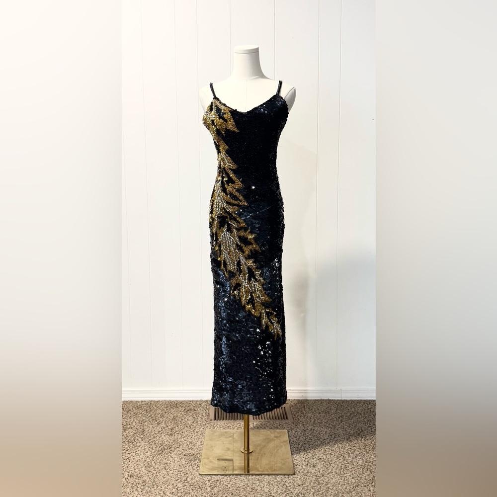Vintage 80s 90s Sequin Beaded Party Formal Maxi Dress Medium